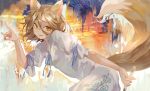  1girl abstract_background absurdres animal_ears fox_ears fox_shadow_puppet fox_tail from_side hair_between_eyes highres holding_test_tube kudamaki_tsukasa kyusoukyu leaning_forward light_brown_hair looking_at_viewer romper short_hair solo tail touhou yellow_eyes 
