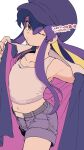  1girl belt character_request cowboy_shot eyebrows_visible_through_hair green_eyes hat looking_at_viewer midriff navel one_eye_closed purple_shorts shorts solo tank_top the_legend_of_luo_xiaohei vox white_tank_top 