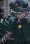  1boy bangs black_headwear blurry blurry_background cape cigarette commentary_request edmond_dantes_(fate) fate/grand_order fate_(series) fedora hair_over_one_eye hand_up hat highres holding long_sleeves looking_at_viewer male_focus shiny short_hair silver_hair smile solo suzumetarou upper_body yellow_eyes 