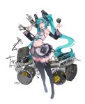  1girl absurdres aqua_eyes aqua_hair aqua_neckwear bare_shoulders black_legwear black_sleeves commentary crop_top cymbals detached_sleeves drum drum_set floating full_body grey_shirt hair_ornament hands_up hatsune_miku headphones highres holding holding_microphone instrument liren44 long_hair microphone microphone_stand midriff miniskirt navel necktie open_mouth pleated_skirt see-through shirt shoulder_tattoo skirt solo speaker standing tattoo thick_eyebrows thigh-highs twintails very_long_hair vocaloid white_background zettai_ryouiki 