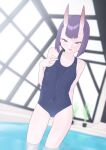  1girl absurdres bangs bare_shoulders blue_swimsuit blush bob_cut breasts collarbone covered_navel eyeliner fate/grand_order fate_(series) highres horns looking_at_viewer makeup one-piece_swimsuit oni oni_horns open_mouth pool purple_hair rei_no_pool school_swimsuit secretperson short_hair shuten_douji_(fate) skin-covered_horns small_breasts smile swimsuit thighs violet_eyes wading water wet 