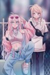  2girls ahoge akamatsu_kaede antenna_hair bagns bangs black_panties blonde_hair blue_eyes blurry blurry_background blush breasts chain-link_fence cheer_(cheerkitty14) commentary dangan_ronpa_(series) dangan_ronpa_v3:_killing_harmony denim english_commentary eyewear_on_head feet_out_of_frame fence hair_ornament highres hood hoodie iruma_miu jacket jewelry large_breasts long_hair long_sleeves looking_at_another looking_at_viewer midriff multiple_girls musical_note_hair_ornament navel necklace off_shoulder open_clothes open_jacket open_pants panties pants parted_lips pink-framed_eyewear pink_eyes pink_jacket shoes smile sneakers sunglasses teeth underwear white_footwear white_hoodie 