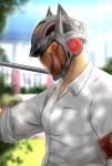  1boy algernon_(tokyo_houkago_summoners) alternate_costume armband blurry blurry_background colored_sclera day helmet highres looking_at_viewer male_focus outdoors petals red_eyes shirt short_sleeves solo tokyo_houkago_summoners tota_(kagerou996) upper_body white_shirt yellow_sclera 