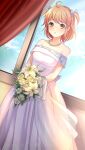  1girl ahoge bangs blue_sky blush bouquet bow closed_mouth clouds collarbone curtains doukyuusei_another_world dress dutch_angle eyebrows_visible_through_hair flower game_cg grey_bow hair_bow holding holding_bouquet indoors jewelry long_dress looking_at_viewer necklace off-shoulder_dress off_shoulder official_art orange_eyes orange_hair sendou_chika shiny shiny_hair short_hair sky solo standing strapless strapless_dress two_side_up wedding_dress white_dress white_flower 
