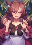  1girl :d animal_ears blush breasts brown_eyes brown_hair claw_pose commentary_request commission dress eyes_visible_through_hair imaizumi_kagerou long_hair medium_breasts night open_mouth outdoors red_nails skeb_commission smile solo tail tomobe_kinuko touhou white_dress wolf_ears wolf_tail 