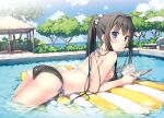  1girl :o absurdres alternate_hairstyle arm_support ass ayase_sayuki beach_umbrella bikini black_bikini black_hair blue_eyes blush book breast_press bush chair clouds cube day gazebo hair_intakes hair_ornament hair_scrunchie halterneck highres inflatable_raft kantoku long_hair looking_at_viewer looking_back lounge_chair lying non-web_source official_art on_stomach parted_lips polka_dot polka_dot_bikini polka_dot_scrunchie ponytail pool scrunchie side-tie_bikini sky solo strap_gap string_bikini swimsuit tree umbrella water wet your_diary 