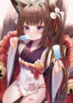  1girl amagi-chan_(azur_lane) animal_ear_fluff animal_ears azur_lane bangs blush chinese_commentary commentary_request eating eyebrows_visible_through_hair food fox_ears fox_girl fox_tail hands_up highres holding holding_food japanese_clothes kimono kyuubi long_hair long_sleeves looking_at_viewer miaoguujuun_qvq multiple_tails petals popsicle rope shimenawa short_eyebrows solo tail thick_eyebrows tongue tongue_out twintails violet_eyes 