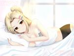  1girl artist_name azur_lane backlighting bare_shoulders bike_shorts blonde_hair breasts brown_eyes bunker_hill_(azur_lane) commentary commission curtains english_commentary hair_intakes hair_ornament hairclip large_breasts long_hair looking_at_viewer lying on_bed on_side pillow ponytail repost_notice smile solo spaghetti_strap strap_slip vickie_(cryingrobot) watermark window 