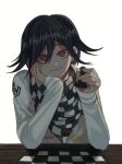  1boy bangs black_hair black_scarf board_game bong_(0u0bon) checkered checkered_scarf chess chess_piece chessboard commentary_request dangan_ronpa_(series) dangan_ronpa_v3:_killing_harmony hair_between_eyes head_rest holding jacket long_sleeves looking_at_viewer male_focus ouma_kokichi pawn_(chess) scarf short_hair simple_background smile solo straitjacket upper_body violet_eyes white_background white_scarf 