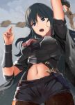  1girl absurdres arm_up armor bangs belt black_armor black_belt black_cape black_shirt black_shorts blue_eyes blue_hair breasts brown_legwear byleth_(fire_emblem) byleth_eisner_(female) cape clothing_cutout commentary_request cowboy_shot crop_top dagger eyebrows_visible_through_hair fire_emblem fire_emblem:_three_houses from_below hair_between_eyes hands_up highres holding holding_sword holding_weapon large_breasts long_hair looking_at_viewer motion_blur navel navel_cutout open_mouth pantyhose partial_commentary patterned_clothing sail_(sail-away) shirt short_shorts shorts sidelocks solo standing sword sword_of_the_creator upper_teeth vambraces weapon 