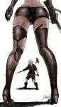  1boy 1girl android ass black_footwear black_gloves black_jacket black_shorts fighting_stance from_below gloves high_heels highres holding holding_sword holding_weapon jacket joints nier_(series) nier_automata out_of_frame pod_(nier_automata) red_eyes robot_joints sakai_natsuo shorts silver_hair standing sword thigh-highs thighs weapon white_background yorha_no._9_type_s yorha_type_a_no._2 
