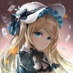  1girl alice_(arcaea) arcaea bangs black_bow blonde_hair blue_eyes bow bowtie crying crying_with_eyes_open frills hat long_hair long_sleeves looking_at_viewer ribbon solo streaming_tears tearing_up tears very_long_hair white_headwear xy_wang 