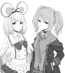  2girls animal_ears bow bowtie buttons chloe_(princess_connect!) choker closed_mouth coat collared_shirt crossover double-breasted gomu_(chewinggom) granblue_fantasy greyscale hair_bow hairband hand_in_pocket highres looking_at_viewer medium_hair midriff monochrome mouse_ears multiple_girls navel parted_lips plaid plaid_skirt pleated_skirt pointy_ears princess_connect! shirt simple_background skirt twintails untucked_shirt vikala_(granblue_fantasy) white_background wing_collar wristband 