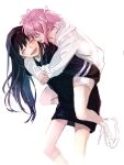  2girls akemi_homura bare_legs basket black_hair black_hoodie blush carrying closed_eyes hair_ornament happy highres hood hoodie hug hug_from_behind kaname_madoka karen_le_cao koyomania long_hair looking_at_another mahou_shoujo_madoka_magica multiple_girls open_mouth piggyback pink_hair short_twintails simple_background twintails white_background white_footwear white_hoodie 
