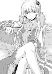  1girl animal_around_neck bangs blunt_bangs book braid breasts celia_alde commentary_request crossed_legs detached_sleeves dress feet_out_of_frame fox french_braid greyscale hair_ornament heart heart_hair_ornament holding holding_book long_hair looking_at_viewer medium_breasts monochrome parted_lips professor_(ragnarok_online) ragfes ragnarok_online sitting sleeveless sleeveless_dress solo striped_sleeves yuuki_tokito 