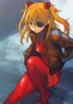  1girl absurdres blue_eyes bodysuit breasts brown_jacket eyepatch from_above hands_in_pockets highres jacket neon_genesis_evangelion orange_hair plugsuit rebuild_of_evangelion red_bodysuit sameda_koban sitting small_breasts solo souryuu_asuka_langley stairs two_side_up 