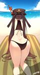  1girl absurdres all_fours artist_name ass back beach bent_over bikini black_bikini blue_sky brown_hair butt_crack clouds day flower from_behind genshin_impact highres hu_tao_(genshin_impact) huge_filesize long_hair ocean plum_blossoms sky swimsuit twintails z666ful 