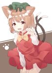  1girl :d animal_ear_fluff animal_ears bow bowtie breasts brown_eyes brown_hair cat_ears cat_tail chen claw_pose cowboy_shot dress fang gold_trim hand_up hat leaning_forward light_blush mamemochi medium_breasts mob_cap multiple_tails nekomata open_mouth red_dress short_hair simple_background skin_fang smile solo tail touhou two_tails white_background yellow_neckwear 