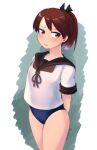  1girl absurdres arms_behind_back black_sailor_collar blue_swimsuit brown_eyes brown_hair commentary_request cowboy_shot frown highres hunehoura kantai_collection looking_at_viewer ponytail remodel_(kantai_collection) sailor_collar school_uniform serafuku shikinami_(kancolle) short_hair solo swimsuit swimsuit_under_clothes white_background 