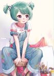  1girl absurdres aqua_hair blush bottle canvas_(object) feet_out_of_frame highres original overalls paintbrush saekiyahiro shirt short_sleeves short_twintails solo stool strap_slip twintails violet_eyes virtual_youtuber white_shirt 