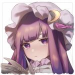  1girl bangs blunt_bangs book border bow bright_pupils commentary_request crescent crescent_hat_ornament hat hat_bow hat_ornament long_hair looking_at_viewer mob_cap patchouli_knowledge pink_bow portrait purple_hair solo touhou twitter_username violet_eyes white_background yodosaki_nitsu 