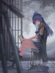  1girl blue_dress blue_hair blurry commentary_request crossed_legs depth_of_field dress from_side hat highres holding iizunamaru_megumu long_hair looking_at_viewer night ookashippo outdoors red_eyes revision sitting solo tile_floor tiles tokin_hat touhou 