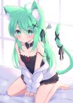  1girl :t ahoge animal_ear_fluff animal_ears bangs bare_shoulders barefoot between_legs black_camisole black_ribbon blush bow breasts camisole cat_ears cat_girl cat_tail commentary_request eyebrows_visible_through_hair frilled_camisole green_eyes green_hair hair_between_eyes hair_ornament hand_between_legs indoors looking_at_viewer mikaze_oto on_bed original pout red_bow ribbon seiza sitting sitting_on_bed small_breasts solo spaghetti_strap squiggle strap_slip tail tail_ornament tail_raised tail_ribbon window x_hair_ornament 