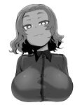  1girl breasts bright_pupils closed_mouth copyright_request dekosukentr girls_und_panzer greyscale jacket large_breasts looking_at_viewer medium_hair monochrome rosehip_(girls_und_panzer) simple_background smile smug solo white_background white_pupils 