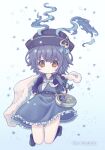  1girl alice_(sinoalice) backpack bag blanket blue_gloves blue_hair chain child dress elbow_gloves gloves hat hat_ribbon highres jumping keychain looking_at_viewer open_mouth parted_lips pocket_watch racal_ra randoseru red_eyes ribbon school_uniform short_hair simple_background sinoalice solo star_(symbol) watch 
