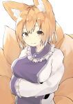  1girl animal_ear_fluff animal_ears arms_under_breasts blonde_hair breasts bright_pupils dress fox_ears fox_tail large_breasts light_blush mamemochi multiple_tails no_hat no_headwear short_hair simple_background smile solo tabard tail touhou upper_body white_background white_dress white_pupils yakumo_ran yellow_eyes 