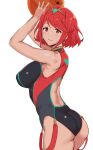  1girl arms_up ass ball beachball breasts earrings eyebrows_visible_through_hair gem gomu_(chewinggom) hair_ornament highres jewelry large_breasts looking_at_viewer looking_back one-piece_swimsuit pyra_(pro_swimmer)_(xenoblade) pyra_(xenoblade) red_eyes redhead simple_background smile solo suspenders swimsuit tiara white_background xenoblade_chronicles_(series) xenoblade_chronicles_2 