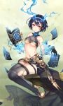  1girl alice_(sinoalice) belt black_hair black_legwear blue_gloves book breasts buckle closed_mouth expressionless gloves glowing hairband high_heels highres holding holding_book looking_at_viewer paper red_eyes short_hair shorts sinoalice sitting solo tattoo teroru thigh-highs torn_clothes torn_legwear under_boob zettai_ryouiki 