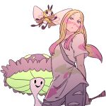  1girl blonde_hair bright_pupils closed_mouth collarbone commentary eyelashes facepaint from_below gen_7_pokemon grey_eyes grey_pants half-closed_eyes highres holding holding_paintbrush kyon_(artist) long_hair looking_at_viewer mina_(pokemon) oversized_clothes oversized_shirt paintbrush pants pokemon pokemon_(creature) pokemon_(game) pokemon_sm ribombee shiinotic shirt short_sleeves torn_clothes torn_pants white_shirt 