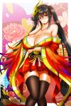  1girl azur_lane bare_shoulders black_hair blush breasts collarbone hand_on_own_face highres hisin japanese_clothes large_breasts long_hair off_shoulder red_eyes solo taihou_(azur_lane) twintails very_long_hair 