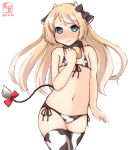  1girl alternate_costume animal_ears animal_print artist_logo bikini blonde_hair blue_eyes commentary_request cow_ears cow_horns cow_print cow_tail cowboy_shot dated embarrassed fake_animal_ears fake_horns flat_chest front-tie_top highres horns jervis_(kancolle) kanon_(kurogane_knights) kantai_collection long_hair look-alike lowleg lowleg_bikini one-hour_drawing_challenge side-tie_bikini simple_background solo swimsuit tail thigh-highs white_background white_bikini white_legwear 