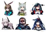  1boy 5girls absurdres ace_(arknights) amiya_(arknights) animal_ear_fluff animal_ears arknights bangs bare_shoulders bat_wings beard black_hair blaze_(arknights) blue_eyes breasts brown_hair cat_ears choker closure_(arknights) collarbone dated dress facial_hair github green_eyes green_hair highres horns huge_filesize jacket kal&#039;tsit_(arknights) long_hair multiple_girls one_eye_closed open_clothes open_jacket oripathy_lesion_(arknights) pink_eyes pointy_ears popped_collar rabbit_ears red_eyes sahara_(shr_ssk) short_hair sidelocks silver_hair smile stethoscope sunglasses theresa_(arknights) twitter_username two_side_up white_background wings 