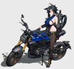  1girl animal_ear_fluff animal_ears artist_name bare_shoulders black_gloves black_hair boots breasts bullpup cat_ears cat_tail commentary full_body gloves grey_background ground_vehicle gun hair_ornament hair_over_one_eye highres jacket kare_huang large_breasts leotard looking_at_viewer motor_vehicle motorcycle original p90 pantyhose shadow shiny shiny_clothes shiny_hair shiny_skin short_hair shorts signature simple_background smile solo submachine_gun tail weapon weapon_on_back yellow_eyes 