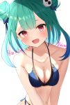  1girl bangs bikini blush double_bun eyebrows_visible_through_hair green_hair hair_ornament highres hololive looking_at_viewer red_eyes saki_(saki_paint) short_hair sidelocks skull_hair_ornament solo swimsuit uruha_rushia virtual_youtuber 