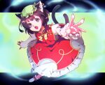  1girl :o animal_ears bad_perspective brown_eyes brown_hair cat_ears cat_tail chen dress foreshortening gold_trim hat jewelry mob_cap multiple_tails nekomata open_mouth reaching_out red_dress short_hair simple_background single_earring solo tail touhou two_tails yazumi_(yazzz) 