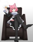  1girl absurdres alcohol animal_ear_fluff animal_ears black_legwear black_skirt breasts cat_ears character_request cigarette copyright_request crossed_legs cup feet gomrang highres large_breasts looking_at_viewer pantyhose pink_hair puffy_sleeves red_eyes short_hair skirt smile smoke soles thigh-highs toes whiskey 