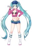  1girl :d aqua_eyes aqua_hair asle baseball_cap belt belt_pouch bikini bikini_under_clothes black_bikini blue_headwear blue_shorts boots breasts collarbone commentary_request crop_top cropped_jacket full_body hand_on_hip hand_up hat hatsune_miku heart heart-shaped_pupils highleg highleg_bikini holding jacket knee_boots long_hair long_sleeves looking_at_viewer medium_breasts micro_shorts midriff navel open_clothes open_jacket open_mouth pink_jacket pouch short_shorts shorts simple_background smile solo standing stomach string_bikini swimsuit symbol-shaped_pupils thighs very_long_hair vocaloid white_background wrench 