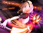  1girl alternate_color black_background black_bow blonde_hair bow braid hair_bow holding holding_weapon izayoi_sakuya light_rays looking_at_viewer m.u.g.e.n medium_hair open_mouth red_eyes rion_(glayjirobass) runes shirt short_hair short_sleeves side_braids solo touhou twin_braids upper_body weapon white_shirt wrist_cuffs 