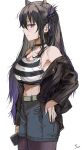  1girl bangs bare_shoulders black_choker black_hair black_jacket blue_shorts blush breasts brown_headwear choker commentary_request crop_top ear_piercing eyebrows_visible_through_hair from_side gradient_hair hair_between_eyes hair_horns hand_on_hip highres holding holding_phone jacket large_breasts long_hair looking_at_viewer mole mole_on_breast multicolored_hair off_shoulder original pantyhose phone piercing purple_hair saya_(mychristian2) shirt shorts simple_background solo striped striped_shirt very_long_hair violet_eyes white_background 