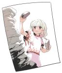  1girl blonde_hair border dutch_angle ebisu_eika hand_up holding jellyfish_girl kamabokopic long_earlobes long_hair pointy_ears puffy_short_sleeves puffy_sleeves red_eyes shirt short_sleeves skirt solo stacking stone touhou upper_body white_background white_shirt white_skirt 