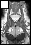  1girl black_border blush border breasts brooch circle_cut closed_mouth ear_blush fate/grand_order fate_(series) gomu_(chewinggom) greyscale hair_cones hair_ornament hands_on_own_chest jewelry large_breasts long_hair long_sleeves looking_at_viewer monochrome murasaki_shikibu_(fate) sleeves_past_wrists solo sweat upper_body very_long_hair 