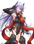  1girl absurdres android blush_stickers breasts highres joints large_breasts leotard long_hair mechanical_parts nithros one_eye_closed open_mouth poppi_(xenoblade) poppi_qtpi_(xenoblade) purple_hair robot_ears robot_joints scarf solo xenoblade_chronicles_(series) xenoblade_chronicles_2 