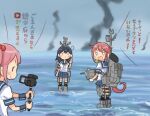  3girls adapted_turret akebono_(kancolle) black_hair blue_sailor_collar blue_skirt camcorder cannon clouds commentary_request full_body grey_sky hair_bobbles hair_ornament kantai_collection long_hair machinery multiple_girls otoufu outdoors pleated_skirt purple_hair sailor_collar sazanami_(kancolle) school_uniform serafuku short_hair side_ponytail skirt smoke smokestack standing standing_on_liquid translation_request turret twintails ushio_(kancolle) wrist_cuffs 