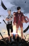  2boys bird black_hair black_legwear black_shorts bokuto_koutarou bunko_(pixiv23590110) clouds crossed_arms expressionless feathers full_body grey_hair haikyuu!! hand_on_hip jacket jacket_on_shoulders jersey knee_pads kuroo_tetsurou male_focus multicolored_hair multiple_boys outdoors red_shorts shoes shorts sky sneakers sportswear standing track_jacket two-tone_hair volleyball_uniform yellow_eyes 