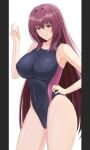  1girl absurdres bangs bare_shoulders black_swimsuit blush breasts collarbone competition_swimsuit covered_navel fate/grand_order fate_(series) highleg highleg_swimsuit highres higofushi large_breasts long_hair looking_at_viewer one-piece_swimsuit purple_hair red_eyes scathach_(fate) scathach_(fate)_(all) smile swimsuit thighs 