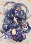  1girl animal_ears arknights autumn_leaves bangs black_hair black_kimono commentary dog_ears fingerless_gloves gloves grey_background highres hip_vent holding holding_weapon japanese_clothes kimono knee_pads long_hair long_sleeves pants parted_lips pupps purple_pants saga_(arknights) solo very_long_hair weapon wide_sleeves yellow_eyes 